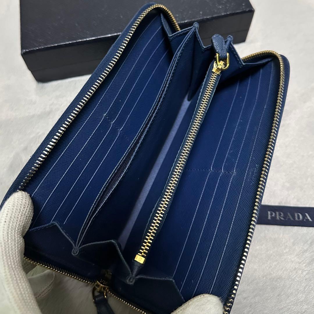 PRADA プラダ　長財布　リボン　ラウンドファスナー　ブルー　ゴールドロゴ