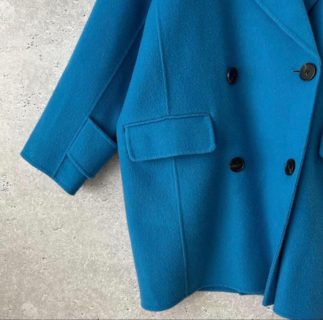 Mila Owen フラップポケットハーフ丈コクーン接結コート　ブルー