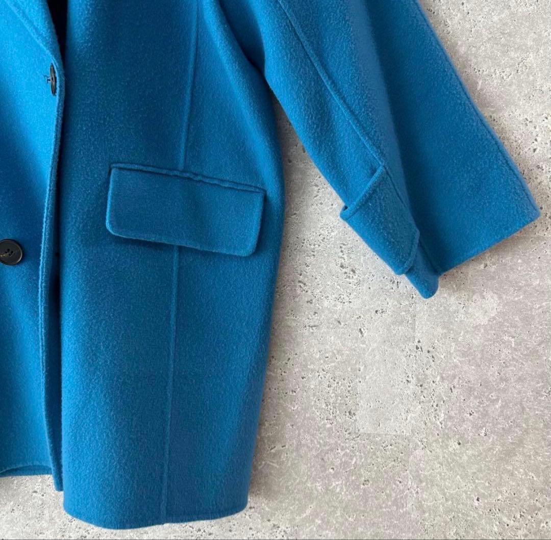 Mila Owen フラップポケットハーフ丈コクーン接結コート　ブルー