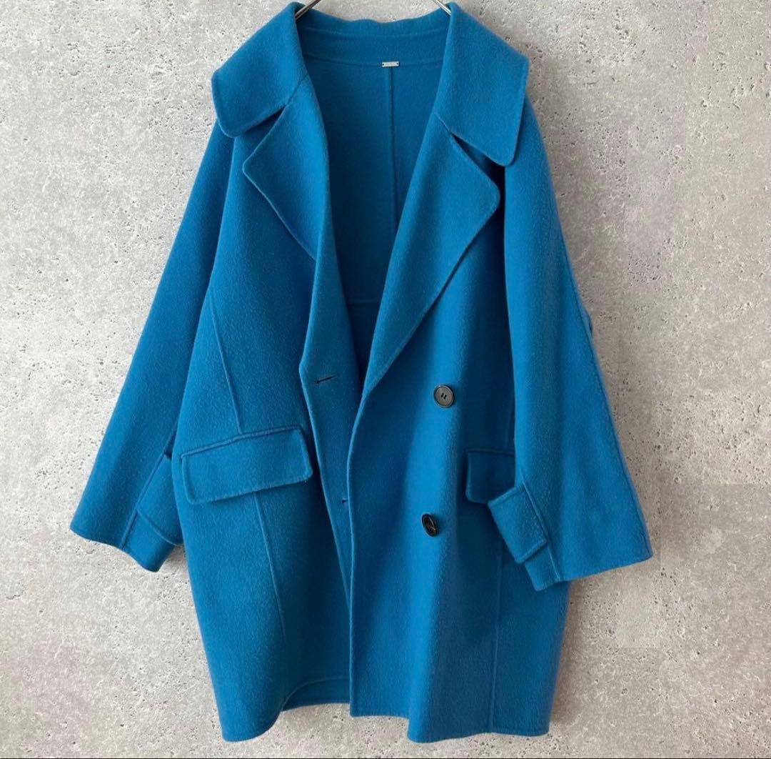 Mila Owen フラップポケットハーフ丈コクーン接結コート　ブルー