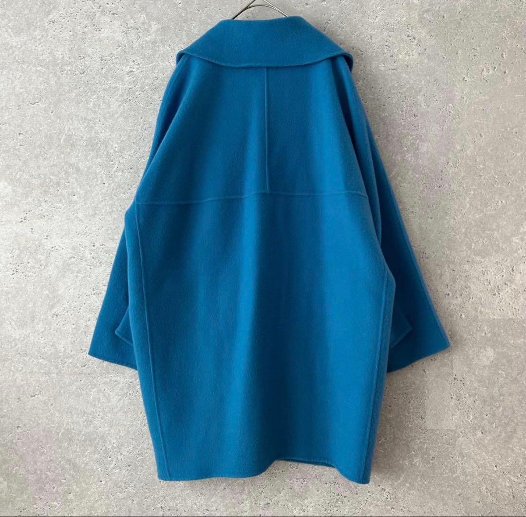 Mila Owen フラップポケットハーフ丈コクーン接結コート　ブルー