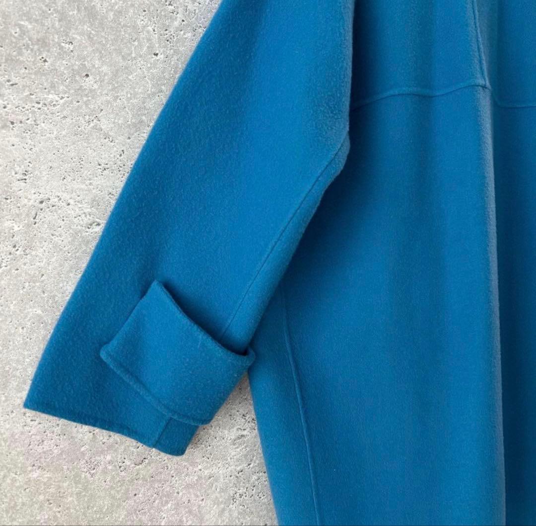 Mila Owen フラップポケットハーフ丈コクーン接結コート　ブルー