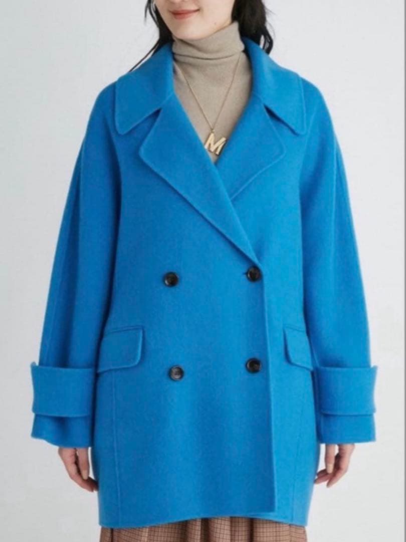 Mila Owen フラップポケットハーフ丈コクーン接結コート　ブルー