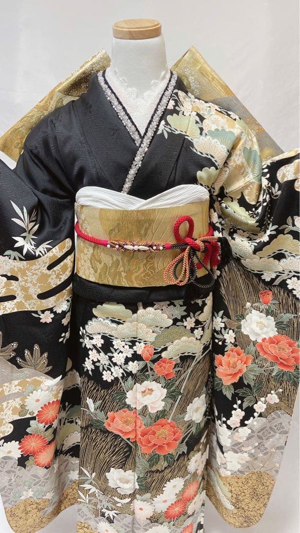 牡丹 菊 箔 金糸 黒 正絹 振袖 成人式　振袖6点セット　振袖フルセット
