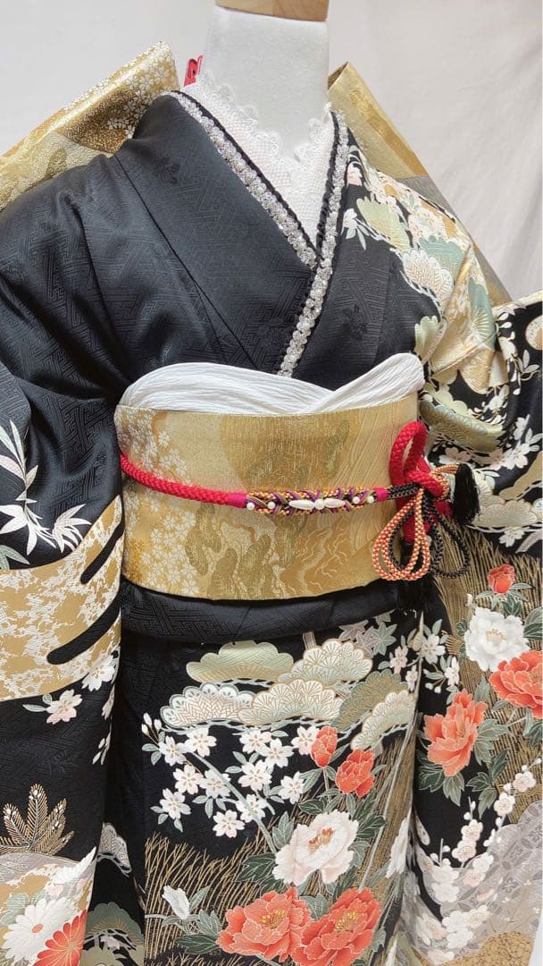 牡丹 菊 箔 金糸 黒 正絹 振袖 成人式　振袖6点セット　振袖フルセット