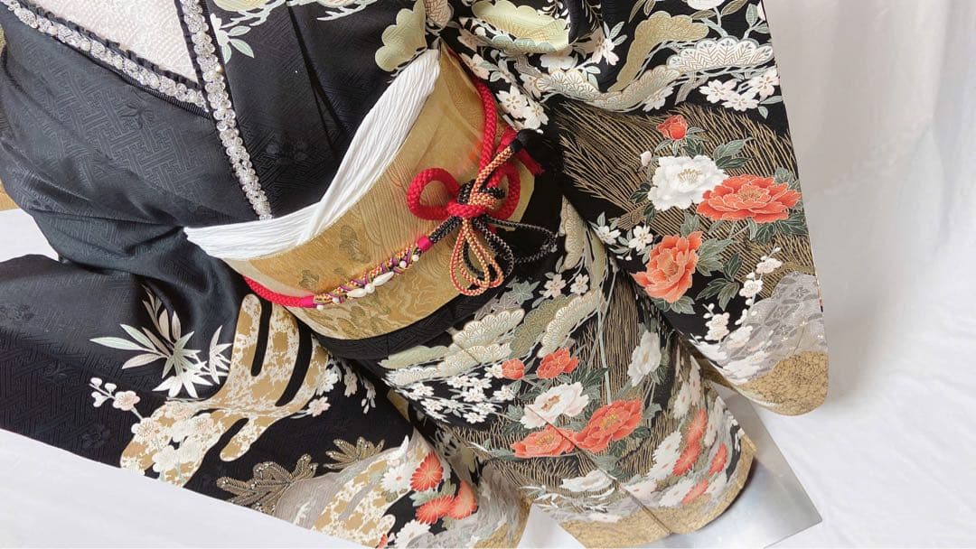牡丹 菊 箔 金糸 黒 正絹 振袖 成人式　振袖6点セット　振袖フルセット