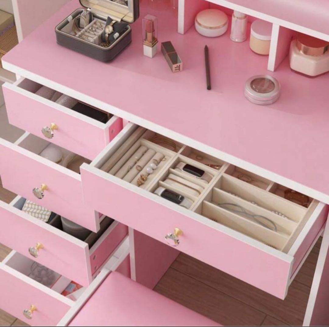 新品 ドレッサー LEDライト付き 鏡台 ピンク 大容量 化粧台