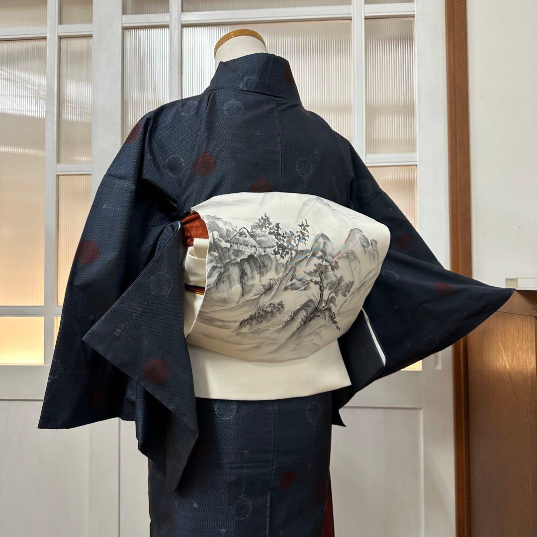 ぬ*い様 大島紬　袷　正絹　紺×黒　風船柄織り出し　身丈159裄65