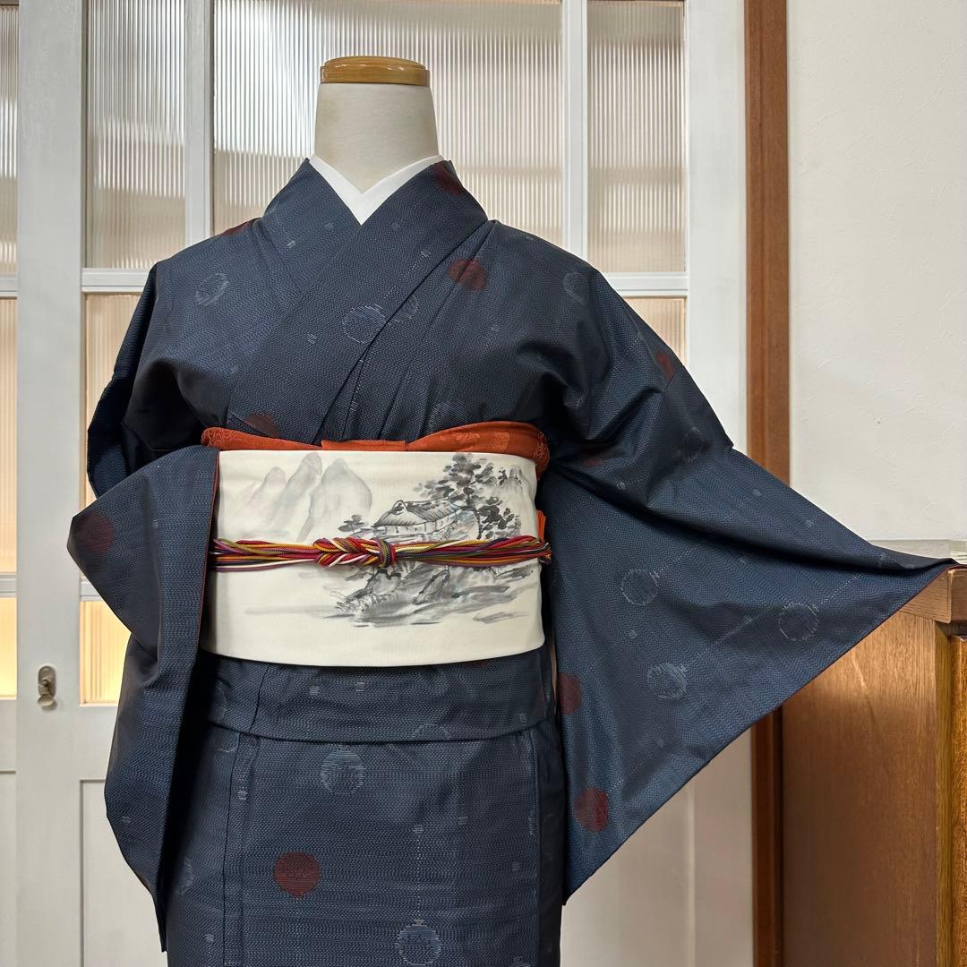 ぬ*い様 大島紬　袷　正絹　紺×黒　風船柄織り出し　身丈159裄65