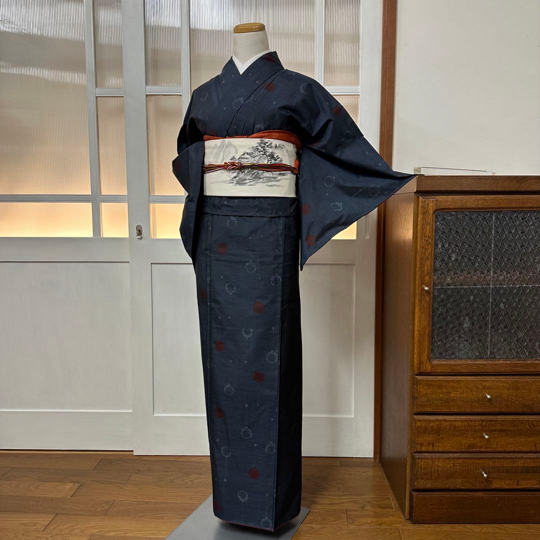 ぬ*い様 大島紬　袷　正絹　紺×黒　風船柄織り出し　身丈159裄65