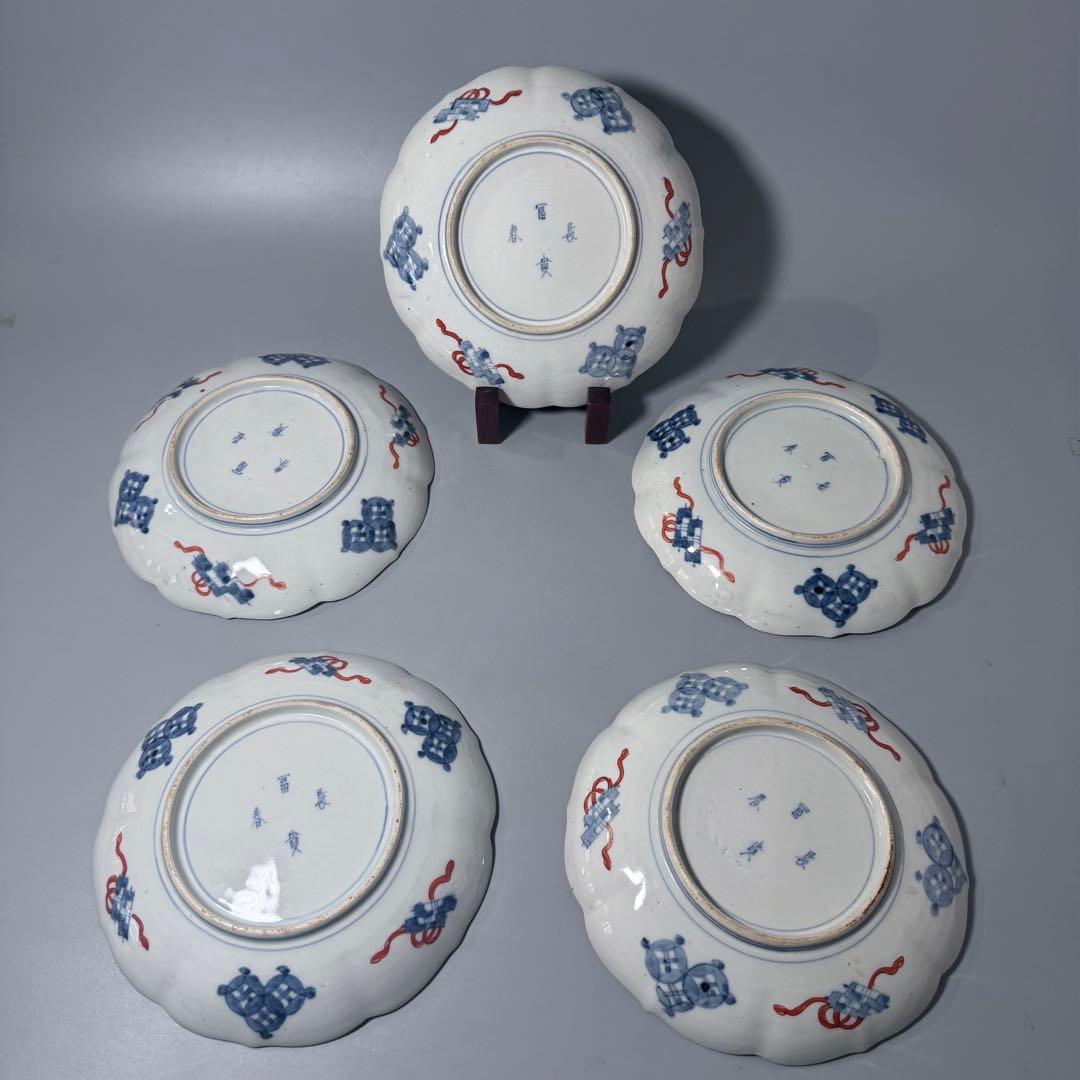 古伊万里　色絵七寸輪花形皿　冨貴長春　円龍　植物　鶴亀　直径21.6cm　江戸期