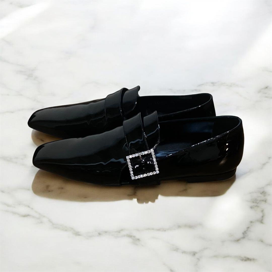 23AW 44 サンローラン パテント ローファー ラインストーンバックル