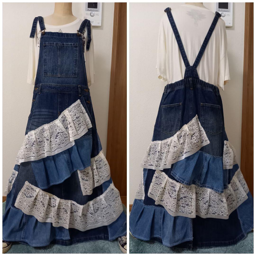 セール　デニムリメイク　フリフリフリルサロペット　一点物
