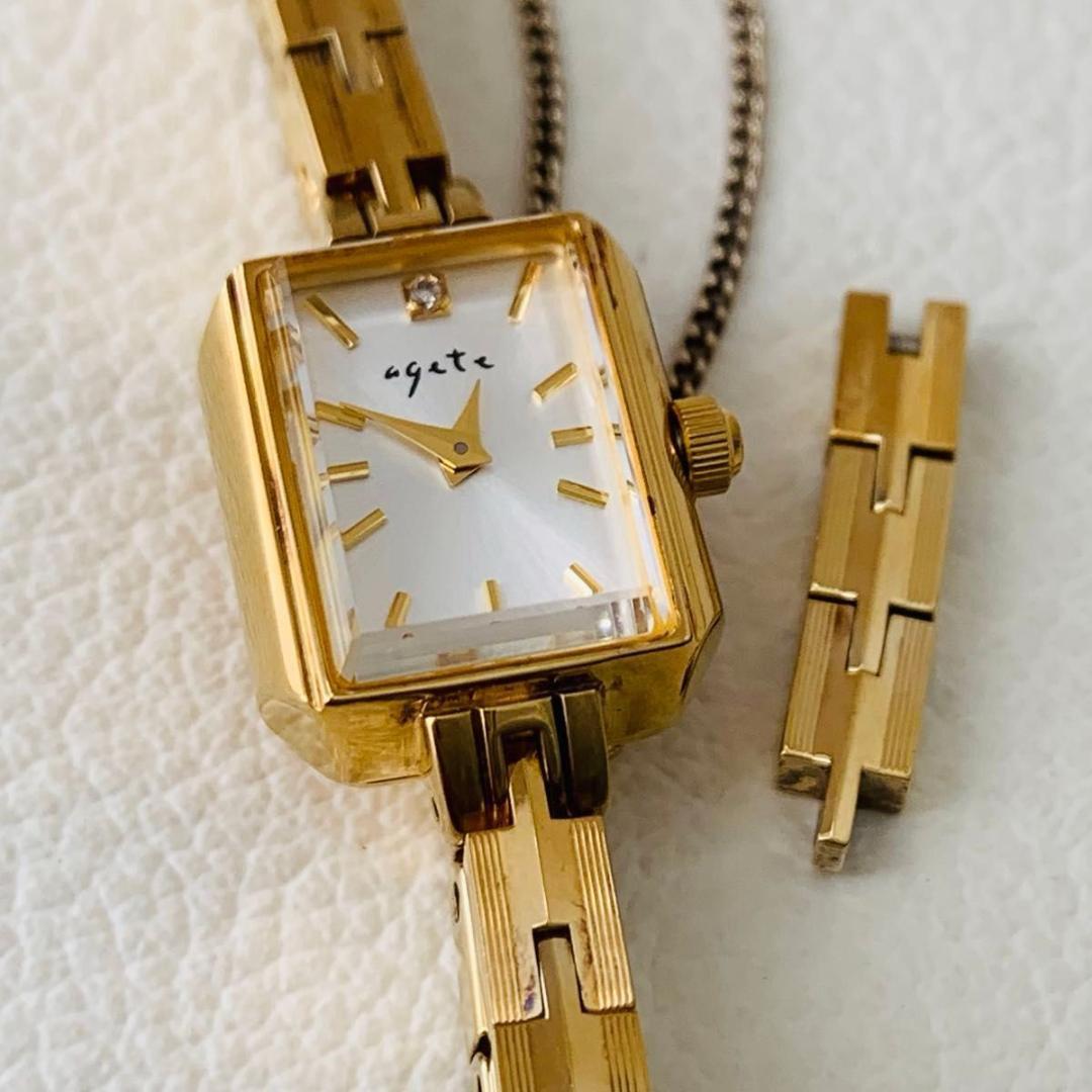 稼働品 美品 アガット ダイヤモンド 腕時計 ゴールド スクエア silver
