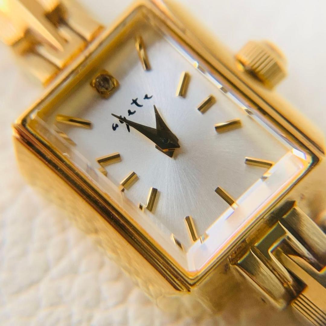 稼働品 美品 アガット ダイヤモンド 腕時計 ゴールド スクエア silver