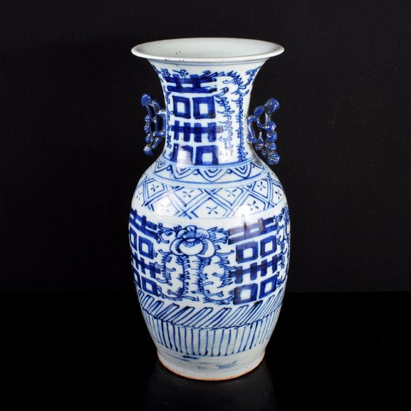 中国　青花　喜字文雙耳瓶　V　3907B