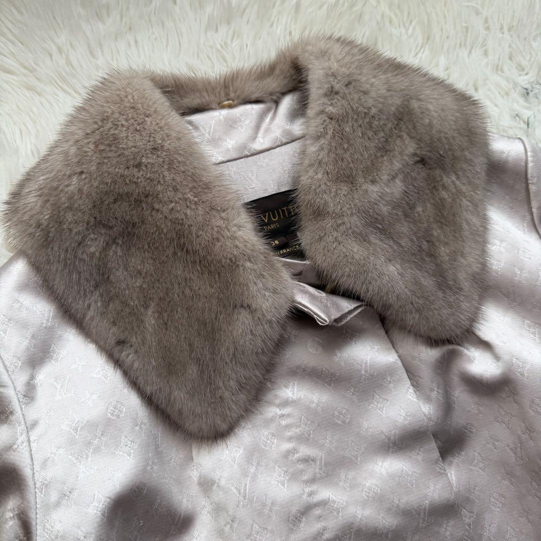 最高級Lサイズ ルイヴィトン　ロングコート　モノグラム総柄　シルク　ミンクファー