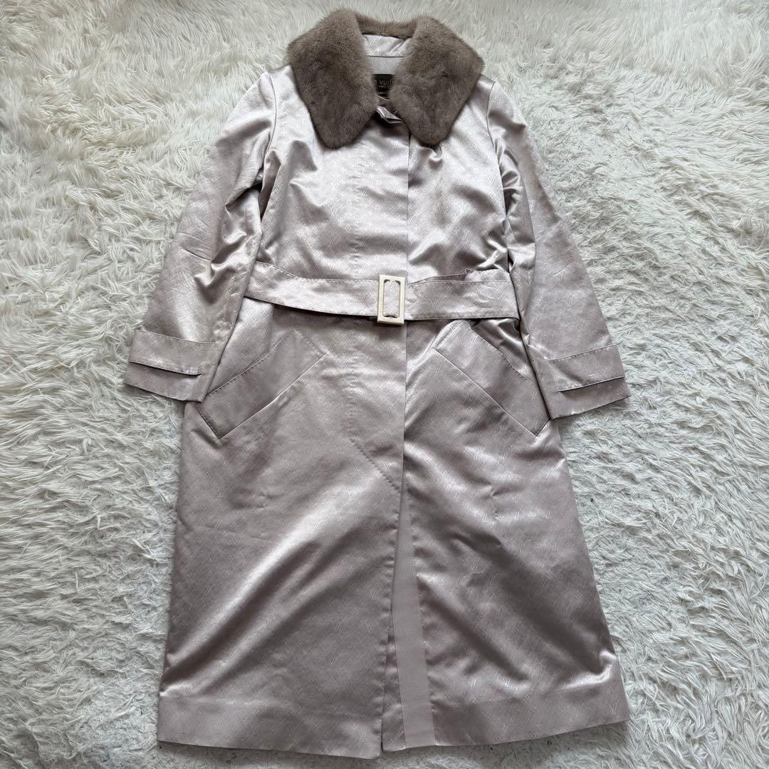 最高級Lサイズ ルイヴィトン　ロングコート　モノグラム総柄　シルク　ミンクファー