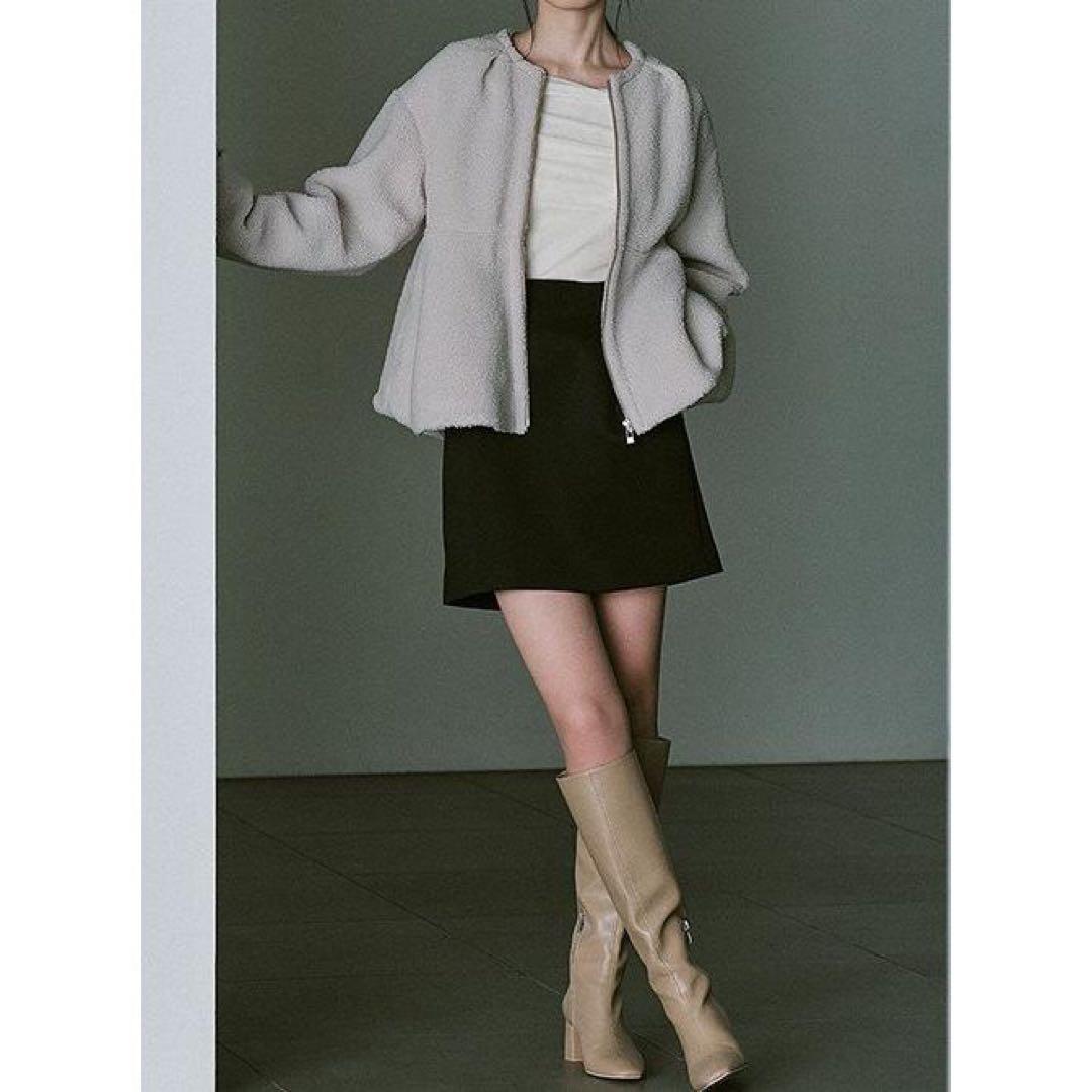 ボア ノーカラージャケット グレー