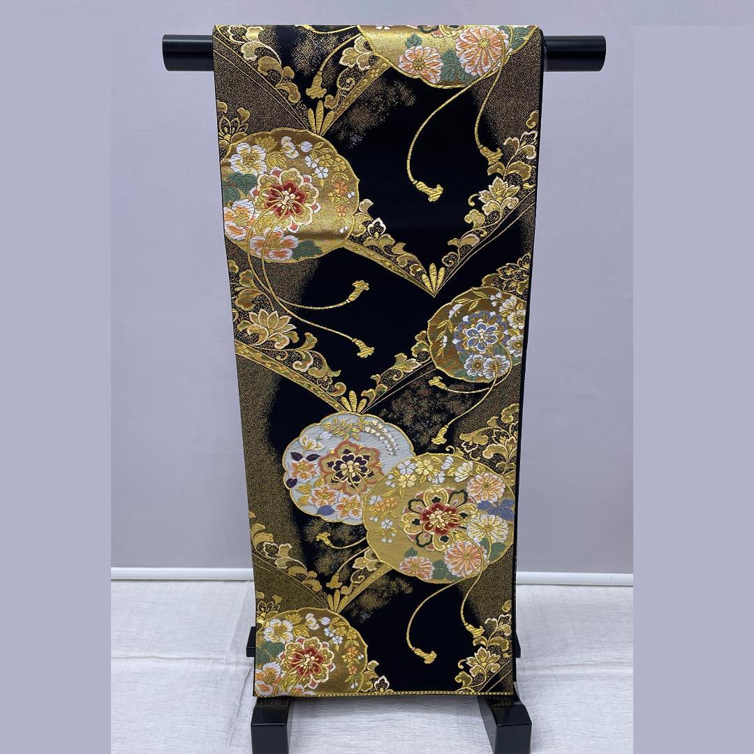 Y★3533★ 振袖用 袋帯 正絹 豪華 黒地 金糸 結婚式 成人式