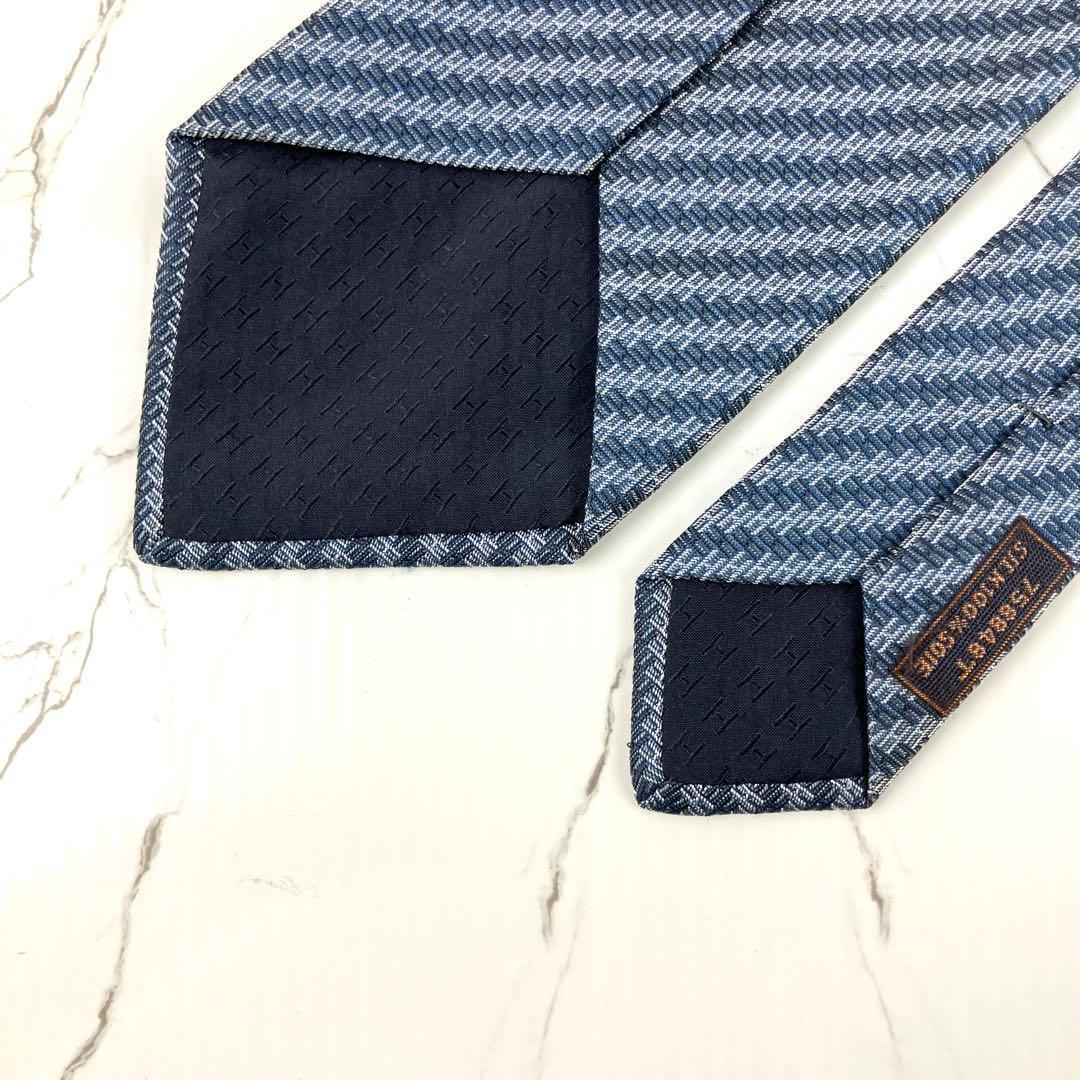 美品　エルメス　ネクタイ　H柄　ストライプ　ジャガード　ネイビー×シルバー