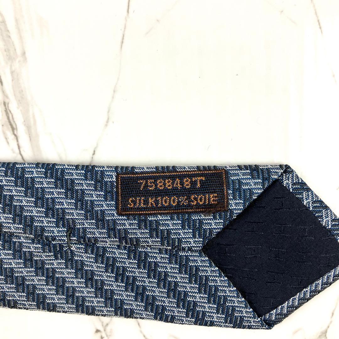 美品　エルメス　ネクタイ　H柄　ストライプ　ジャガード　ネイビー×シルバー