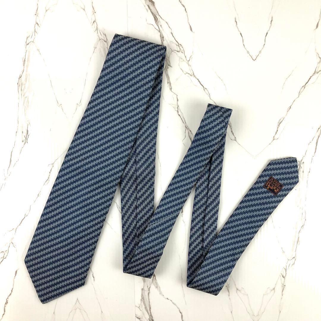 美品　エルメス　ネクタイ　H柄　ストライプ　ジャガード　ネイビー×シルバー