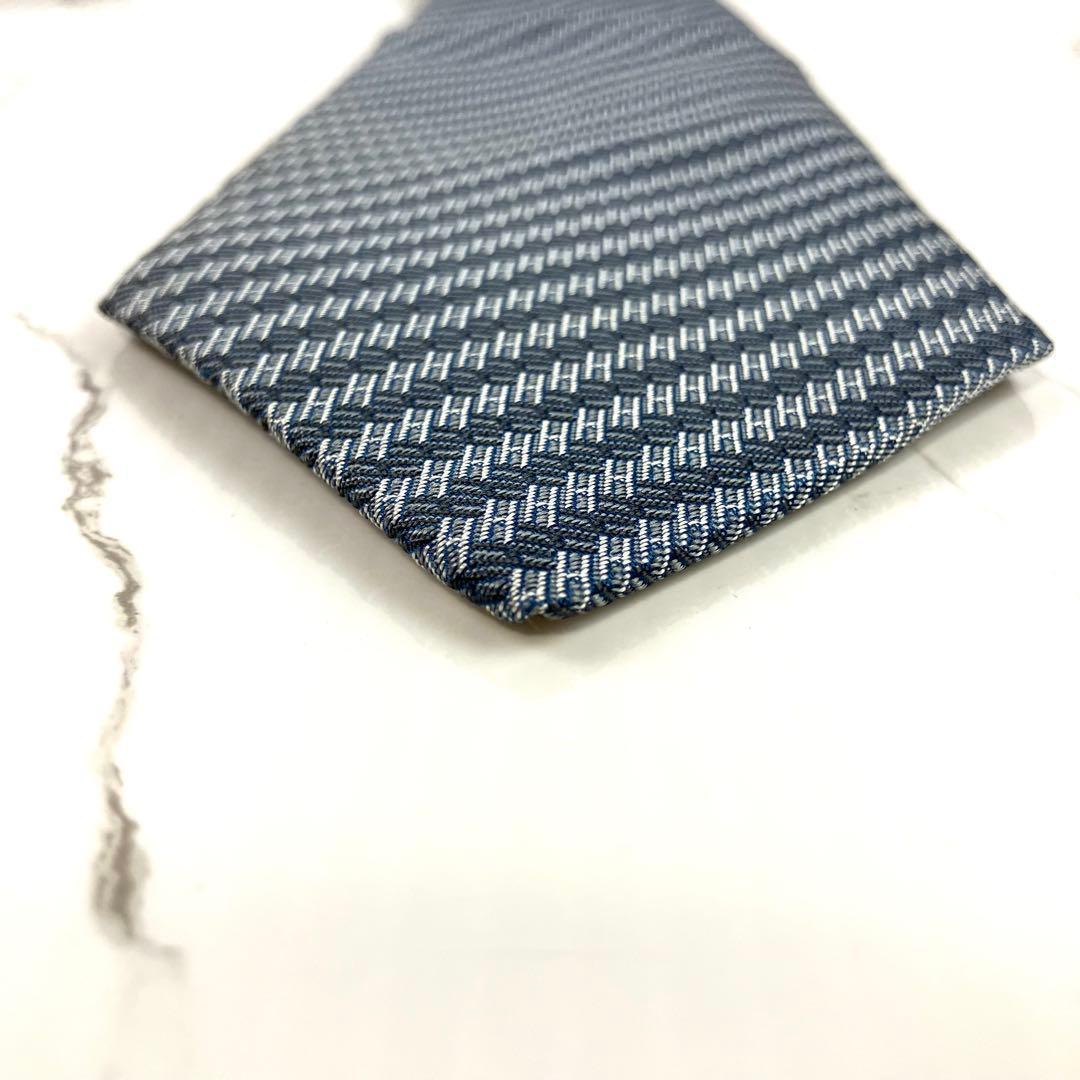 美品　エルメス　ネクタイ　H柄　ストライプ　ジャガード　ネイビー×シルバー