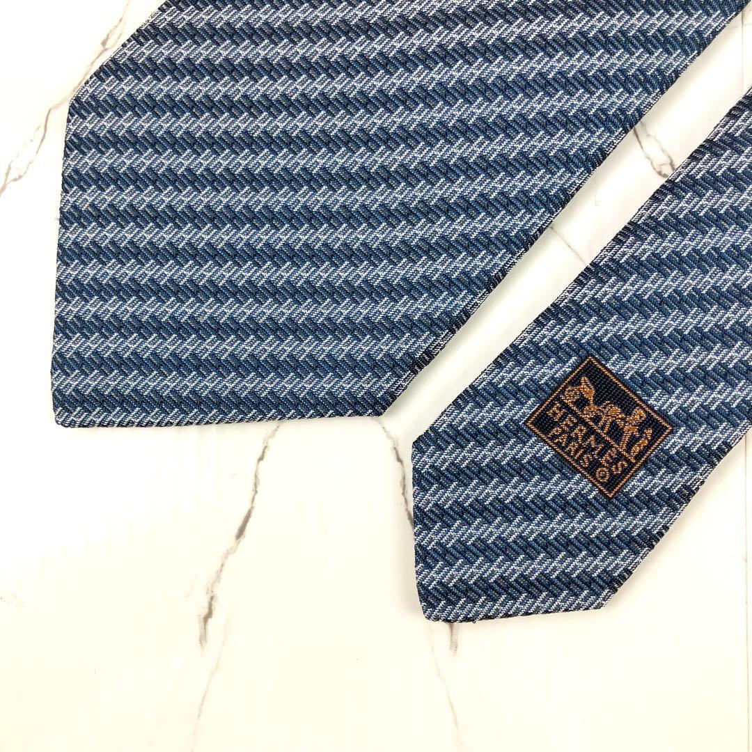 美品　エルメス　ネクタイ　H柄　ストライプ　ジャガード　ネイビー×シルバー
