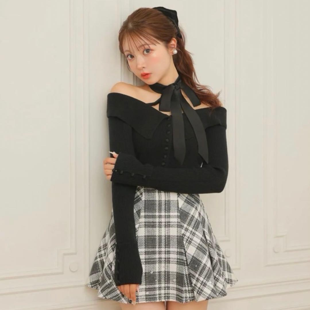 M me eme ビジューチェックフレアミニスカート グレー