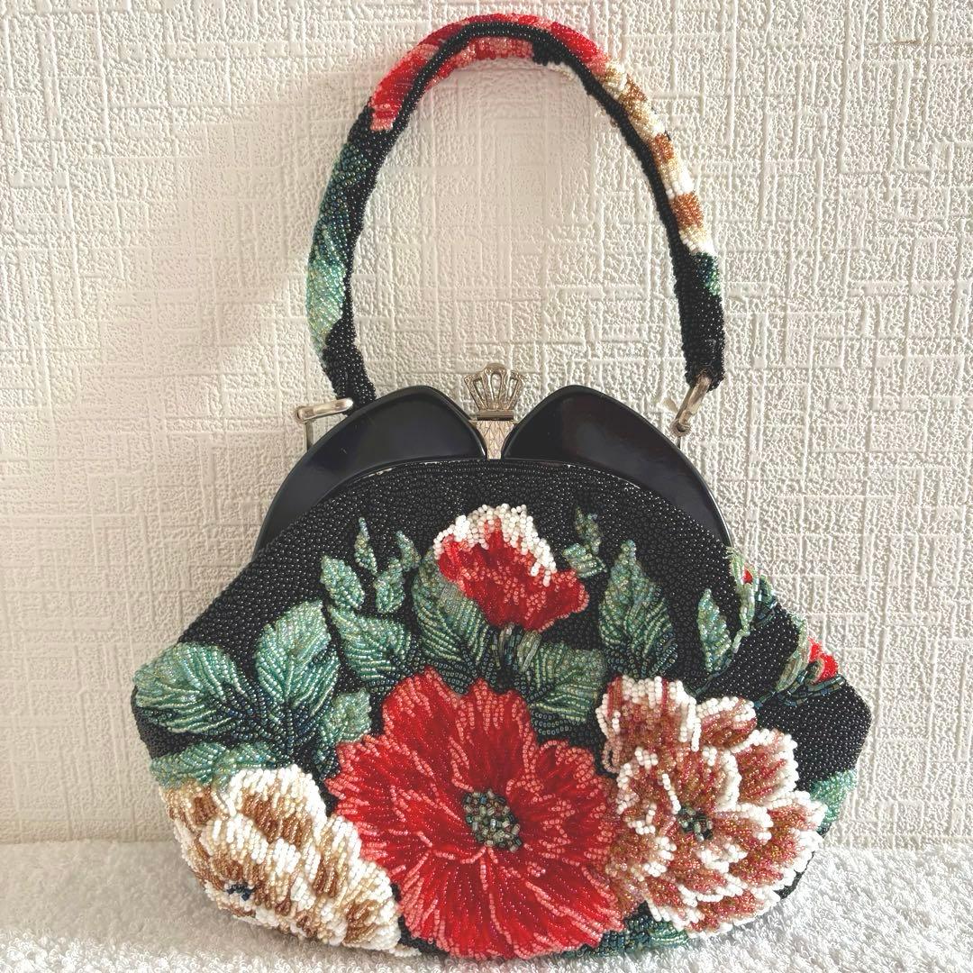 【美品】 和装バッグ ビーズバッグ 手刺繍バッグ がま口 総ビーズ ハンドバッグ