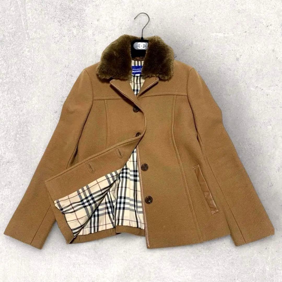 バーバリーブルーレーベル ピーコート ノバチェック キャメル ファー 38
