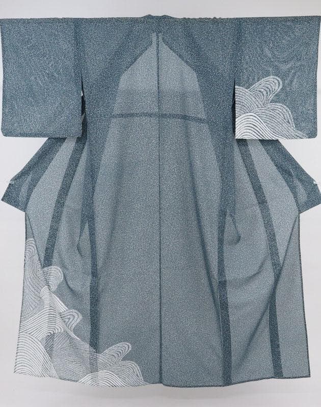 【洗える♪夏着物】付下げ＊絽 長尺 たたき染め調 流水模様 濃緑 化繊7SG13