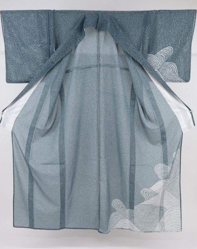 【洗える♪夏着物】付下げ＊絽 長尺 たたき染め調 流水模様 濃緑 化繊7SG13