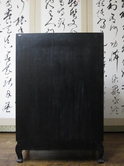 黒漆 中国美術 花鳥図 真鍮金具 茶道具 飾り棚/煎茶棚/キャビネット/書棚