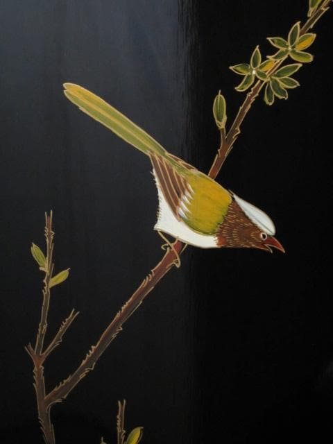 黒漆 中国美術 花鳥図 真鍮金具 茶道具 飾り棚/煎茶棚/キャビネット/書棚