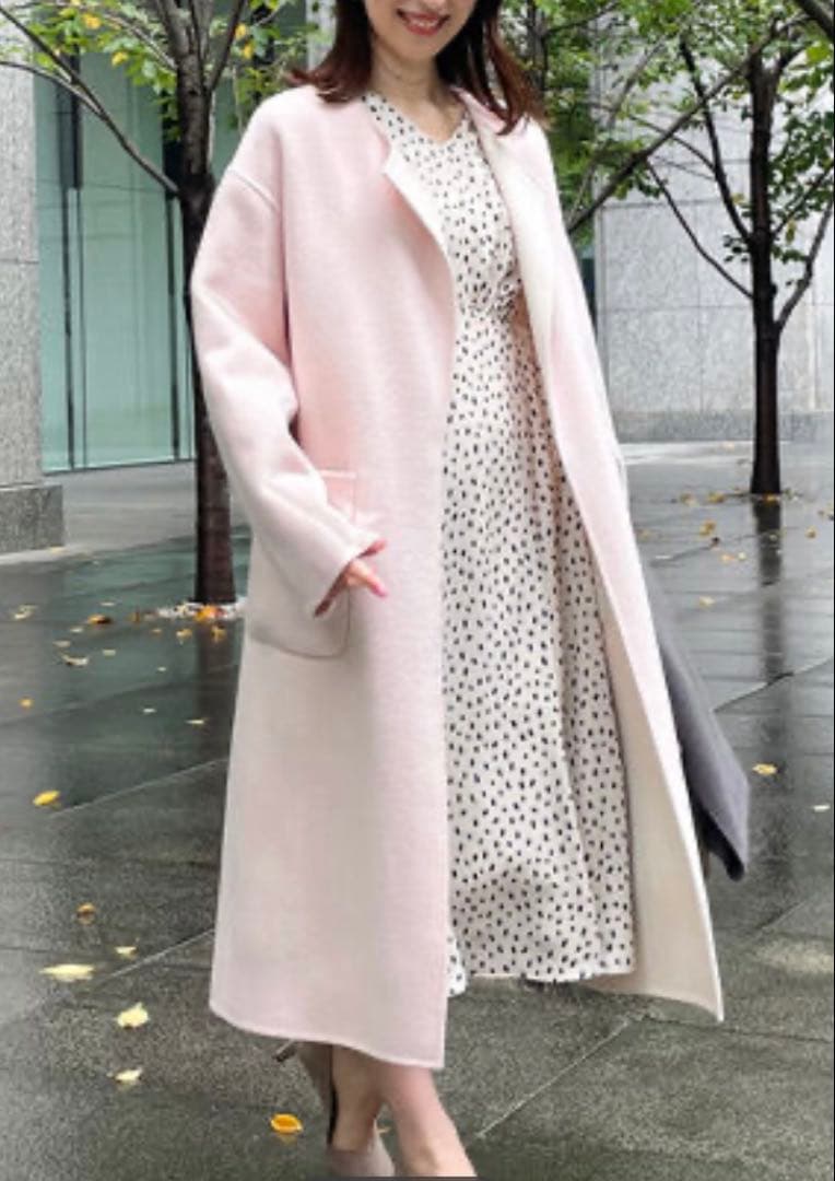 ノーリーズソフィピンクホワイトノーカラーロングジャケットバイカラー