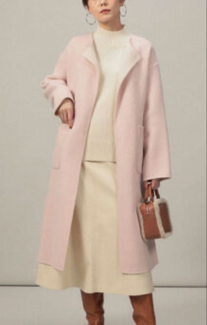 ノーリーズソフィピンクホワイトノーカラーロングジャケットバイカラー