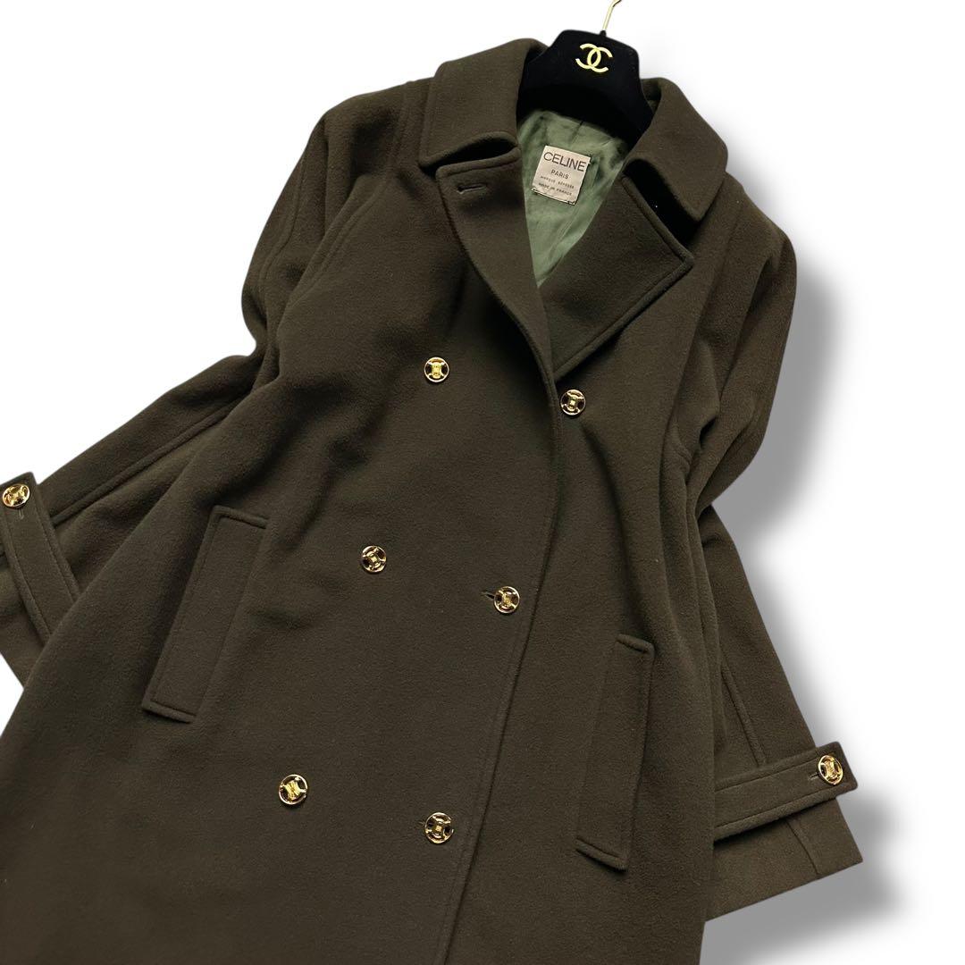 希少 セリーヌ チェスターコート ダブル トリオンフ ロング カーキ レディース