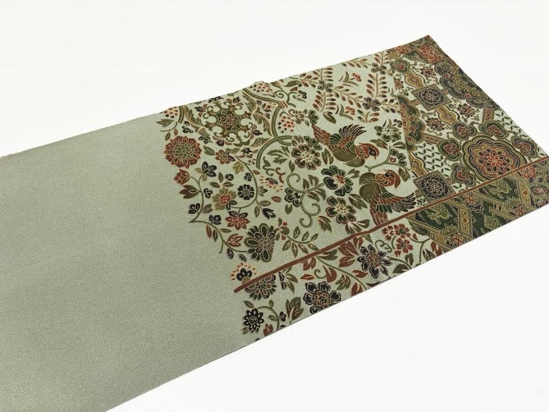 C 美品 唐草唐花 華文 更紗 山葵色系 縮緬 正絹 六通 名古屋帯 カジュアル