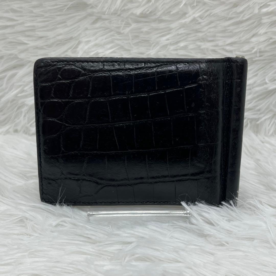 美品✨サンローラン　二つ折り　クロコ　マネークリップ　型押し　レザー　ブラック