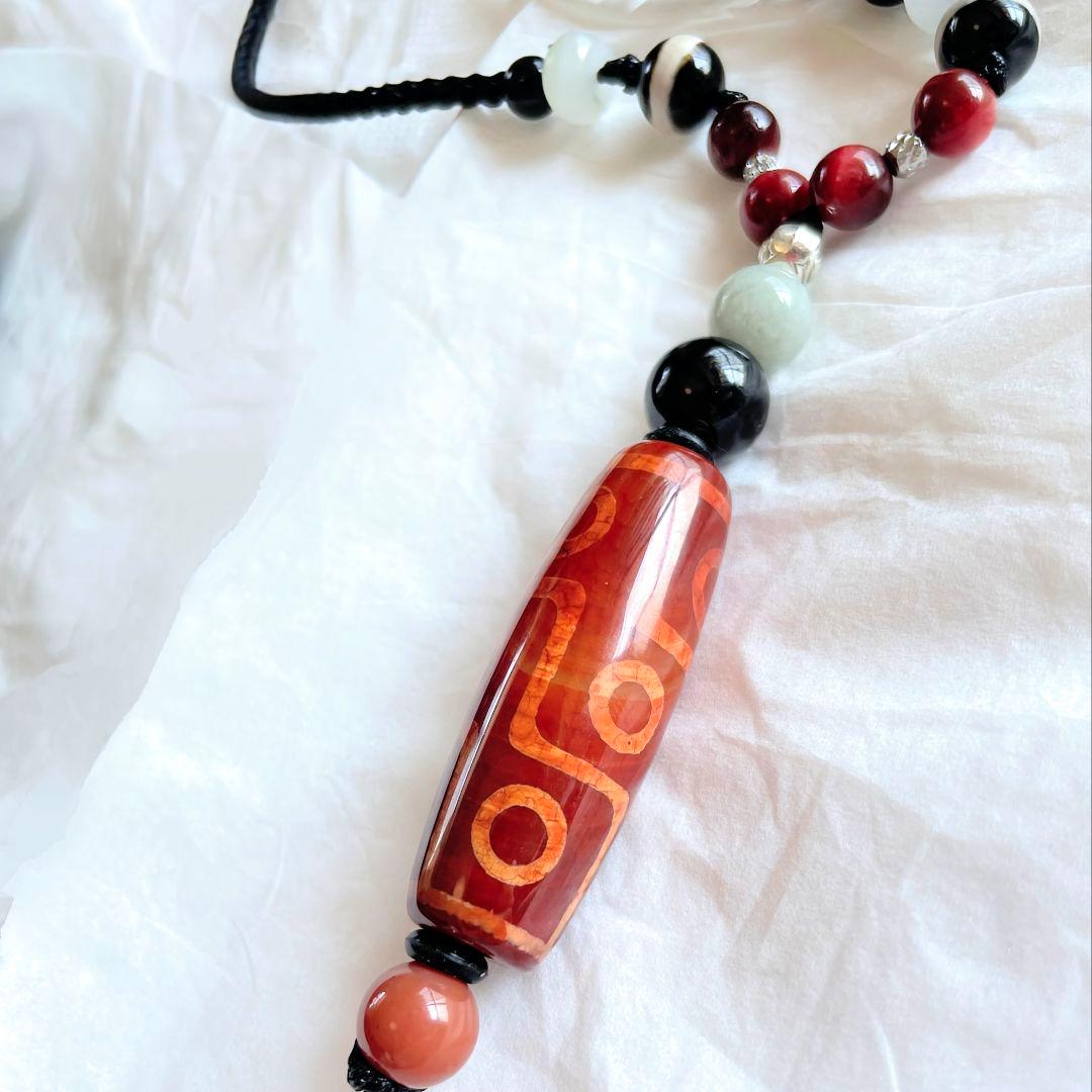 「龍紋 老礦 九眼天珠 薬師珠」赤天珠 天然石 御守り ネックレス 黒北投石