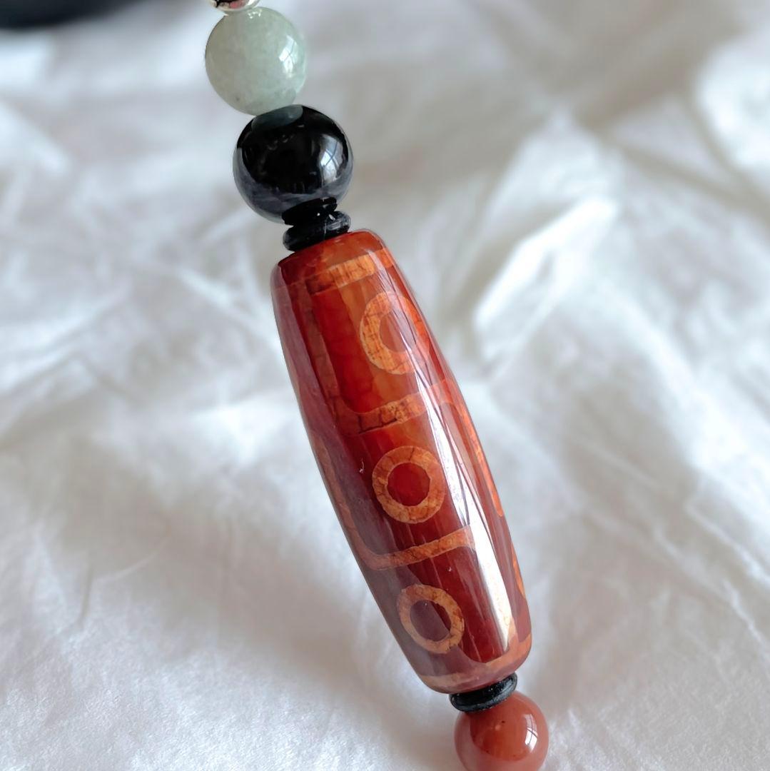「龍紋 老礦 九眼天珠 薬師珠」赤天珠 天然石 御守り ネックレス 黒北投石
