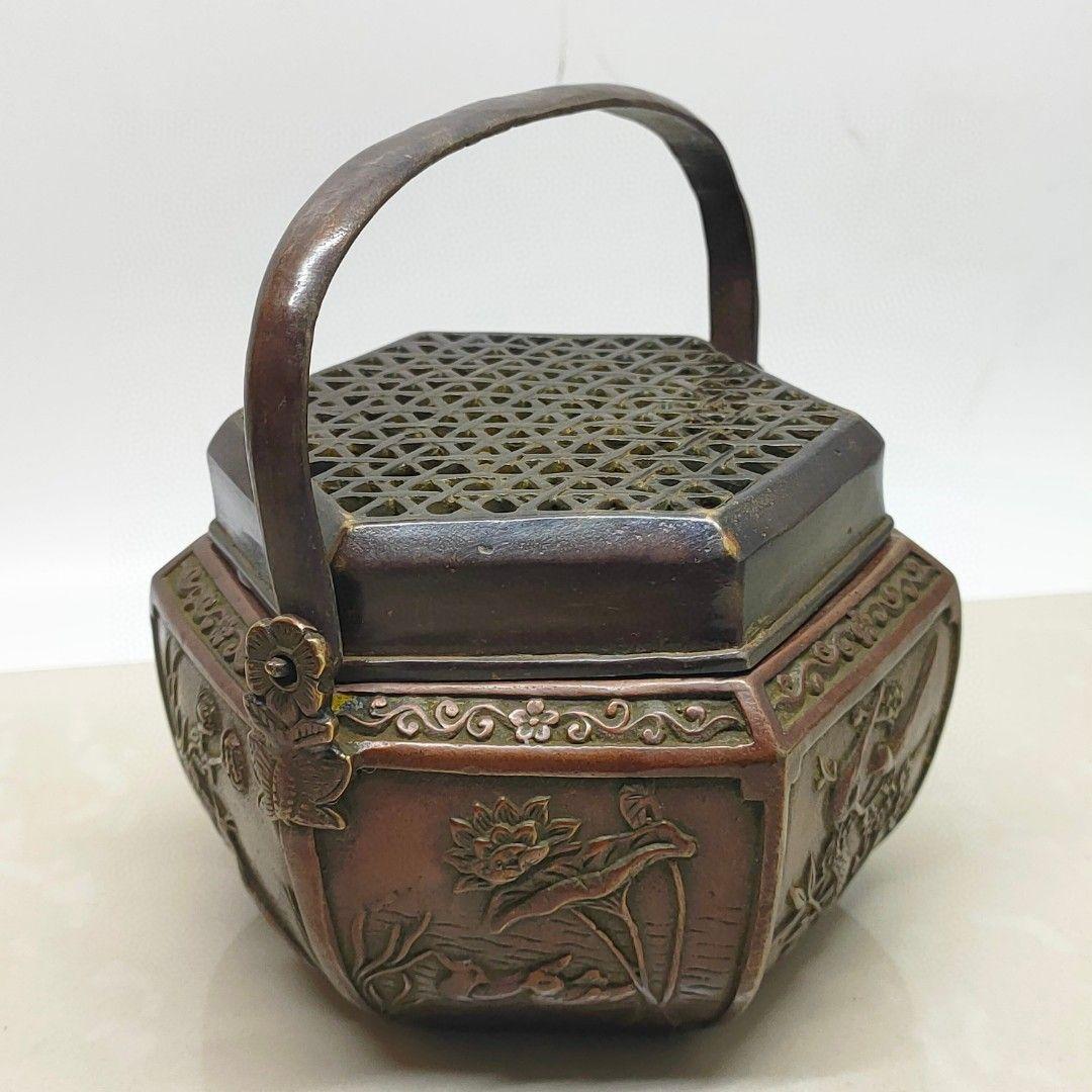 銅製 提梁暖手炉 喜上枝頭手提げ暖手炉 香炉 香道具 装飾品 工芸品 置物