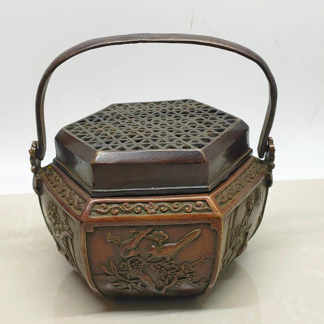 銅製 提梁暖手炉 喜上枝頭手提げ暖手炉 香炉 香道具 装飾品 工芸品 置物