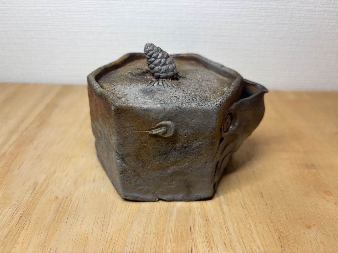 51.備前焼 宝瓶 登り窯 松 まつ マツ 6角 手びねり 急須