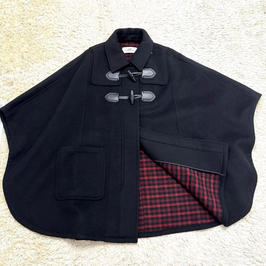 コーチ　ポンチョコート　ケープ　ダッフルコート チェック柄　牛革　黒