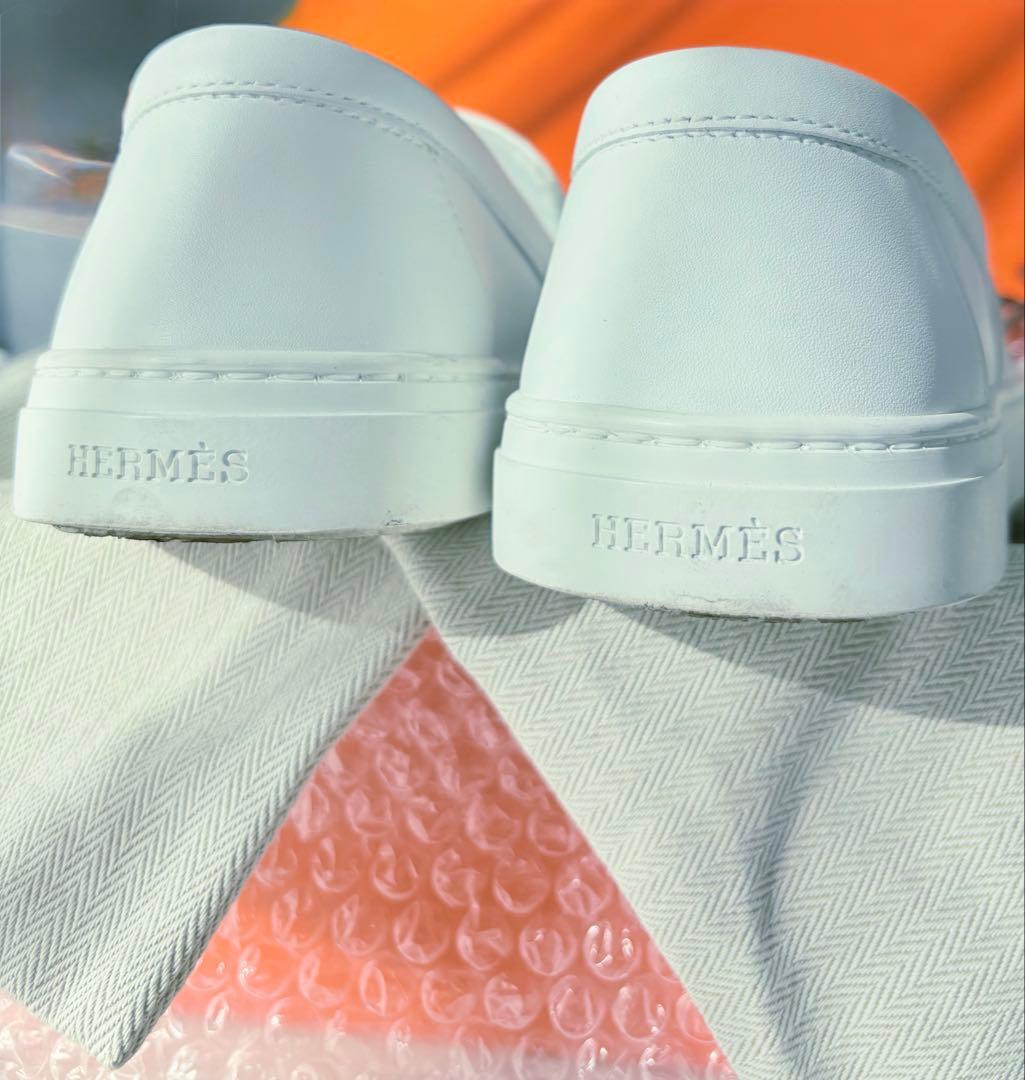 36.5 HERMES ホワイトレザー ローファー モカシン　ケリー　金具
