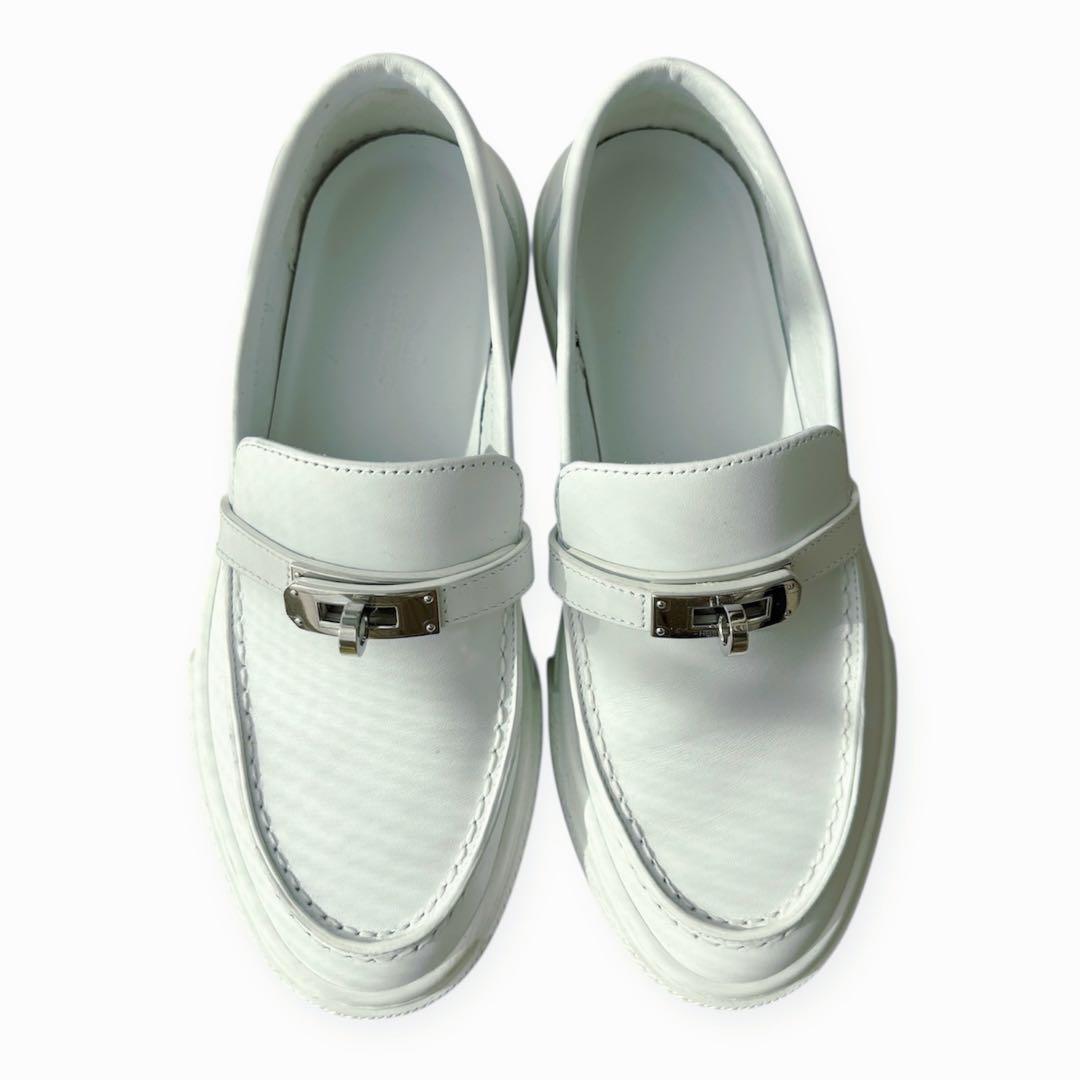 36.5 HERMES ホワイトレザー ローファー モカシン　ケリー　金具