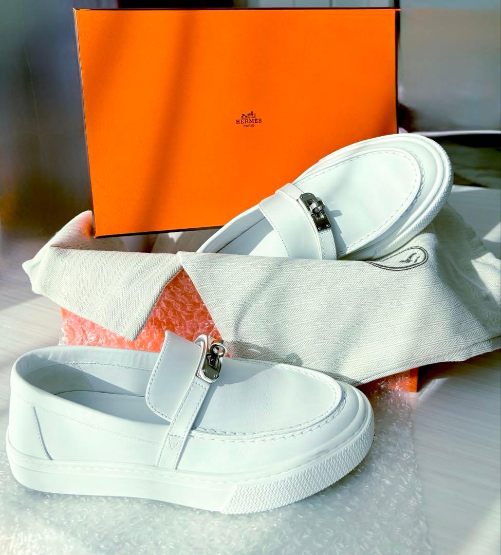 36.5 HERMES ホワイトレザー ローファー モカシン　ケリー　金具